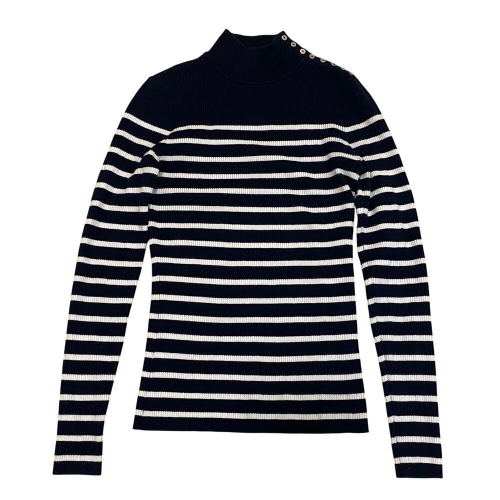 J.McLaughlin XS Breton Stripe Ribbed Knit Sweater | Gold Button Mock Neck